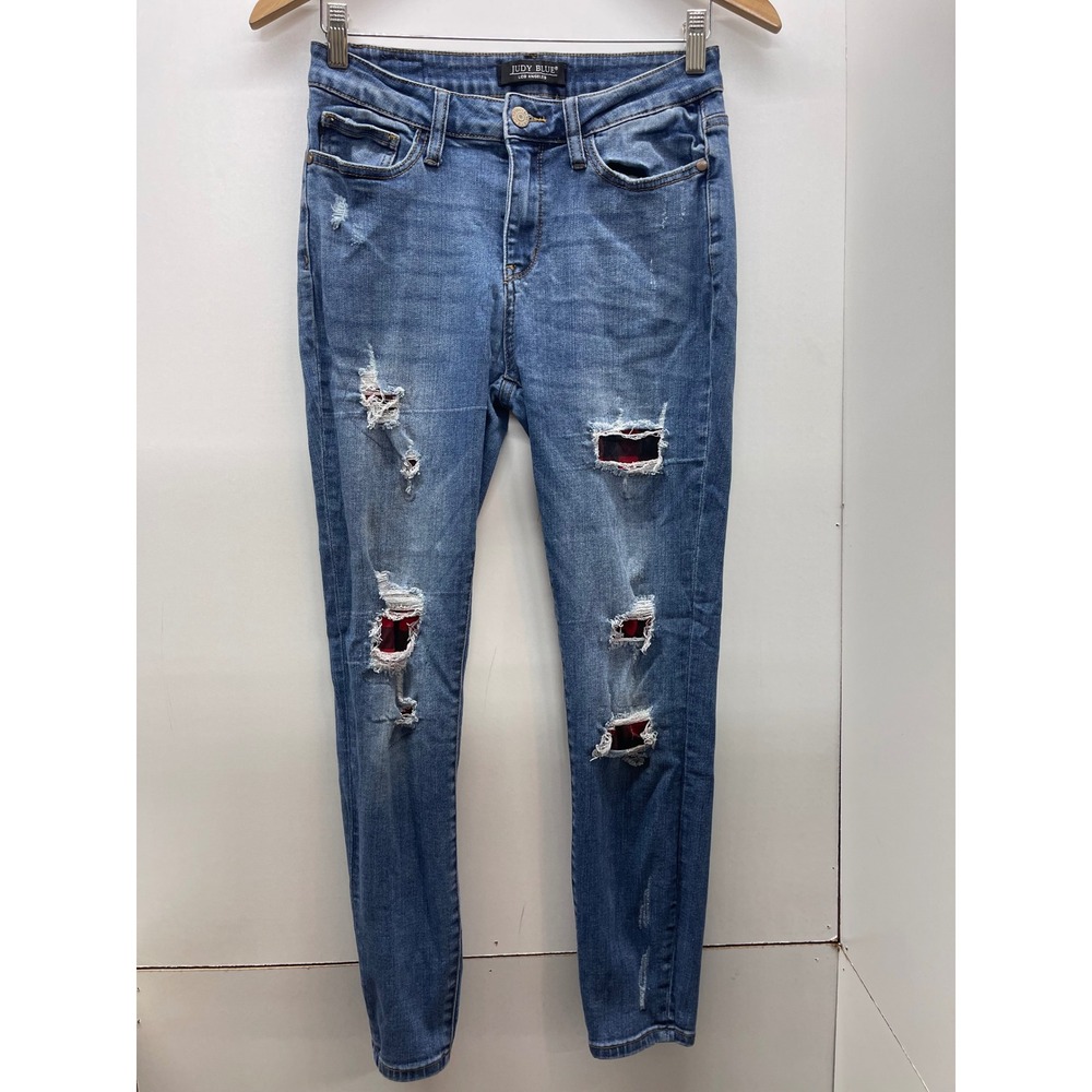 Judy Blue Los Angeles Distressed Plaid Patch Skinny‎ Jeans Blue Size 7/28